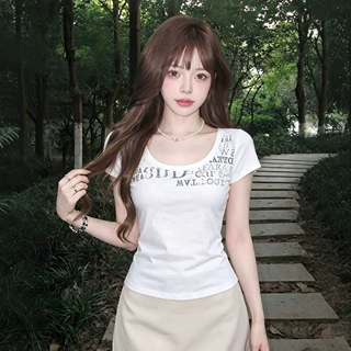 美式辣妹风白色u领字母印花短袖t恤女夏季新款修身显瘦百搭上衣潮