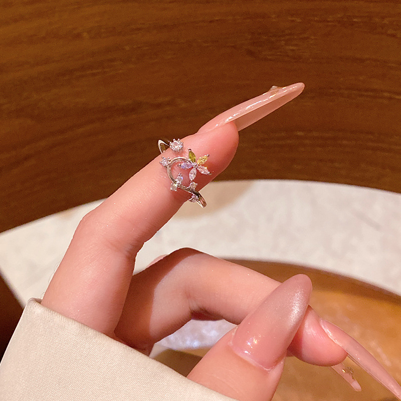 韓国の新鮮で絶妙なジルコンフラワーリング、女性用、開口部調整可能な人差し指リング、多用途で気質のあるラブリング