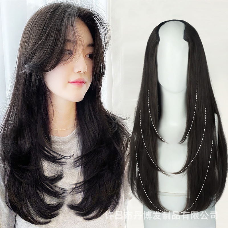 Wig long straight hair V-shaped layered perm inner buckle hair extension piece one-piece seamless invisible hair extension micro-curled long straight hair