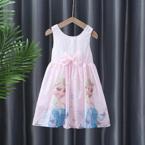 Princess Elsa Snow Queen Cartoon Print Children's Bow Blouse Dress Pure Cotton Middle and Big Children's Dress