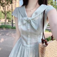 小清新蓝色海军领短袖连衣裙女2025年夏日绝美高级感掐腰A字长裙