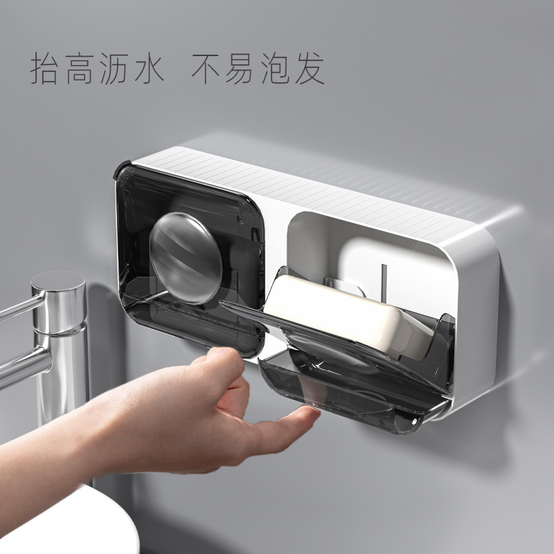 Caja de jabón de lujo ligero estante de almacenamiento de alta gama para el hogar caja de jabón de baño con tapa sin perforar drenaje montado en la pared