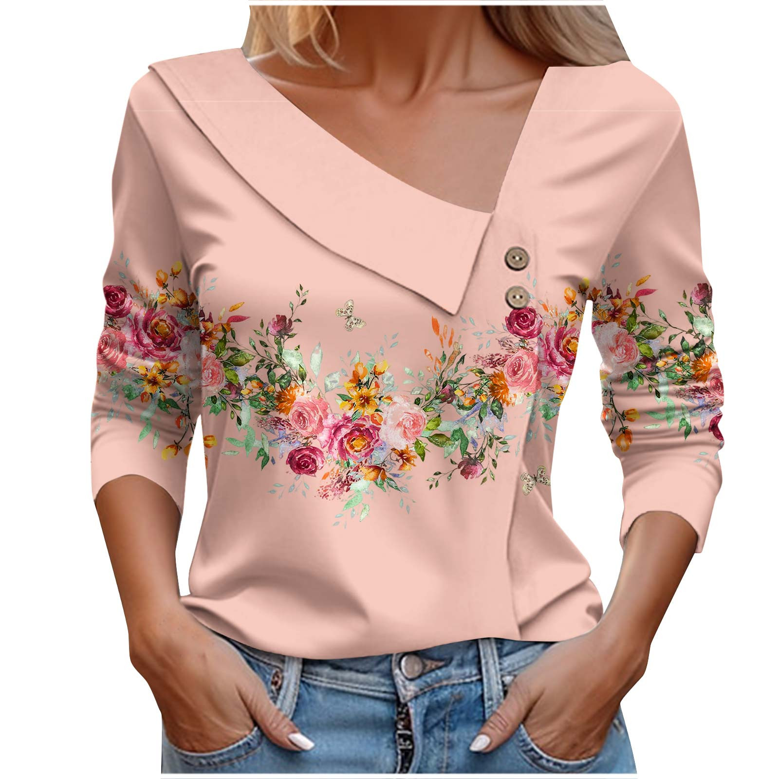 T-shirt da donna popolare primaverile e autunnale a maniche lunghe con scollo a V T-shirt stampata a fiori colorati_voghion.com