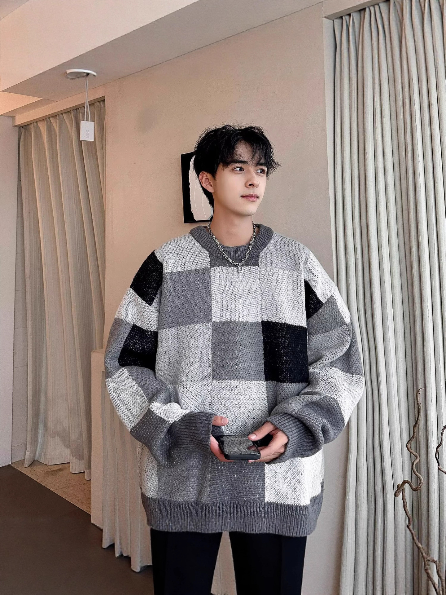 Suéter de tablero de ajedrez de Navidad para hombres invierno de alta calidad camiseta de punto suelta perezosa americana chaqueta de hilo retro