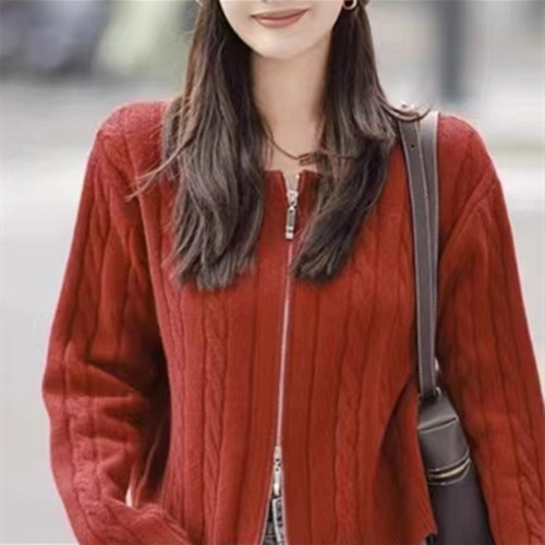 Fall/Winter Lazy, Casual, and Elegant Round-Neck Short Cable-Knit Cardigan with Dual Zippers – Women's Top