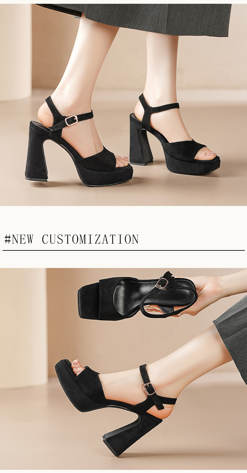 Sandal cao gót nữ hở mũi quai ngang khóa, gót 10.5 cm — Da bò trắng gạo chi tiết 2