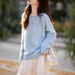 拉绒~秋冬圆领无缝拉毛羊绒女套头毛衣纯羊毛慵懒风宽松内搭针织