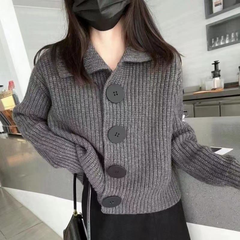 2023 autumn and winter new women's cardigan coat female blouse loose Korean version of fashion big button lapel knit sweater