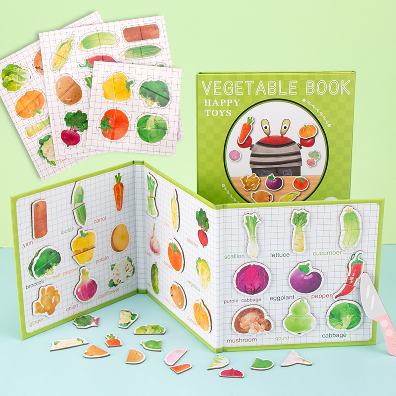 Educación temprana pegatinas magnéticas libros magnéticos de madera para niños Montessori verduras y frutas cognitivas uso repetido juguetes educativos