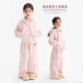 【送吊偶】女童连帽卫衣套装2025新款春秋季女孩两件套粉色套装