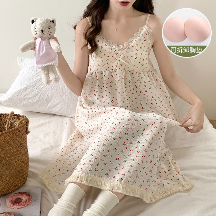 Verano desmontable Camisón con almohadilla en el pecho de las mujeres dulce lindo Sling tejido burbuja algodón vestir prendas exteriores homewear