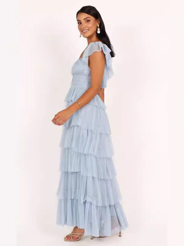 Nuevo traje europeo y americano transfronterizo de mujer TUL azul volantes fiesta vestido largo sexy