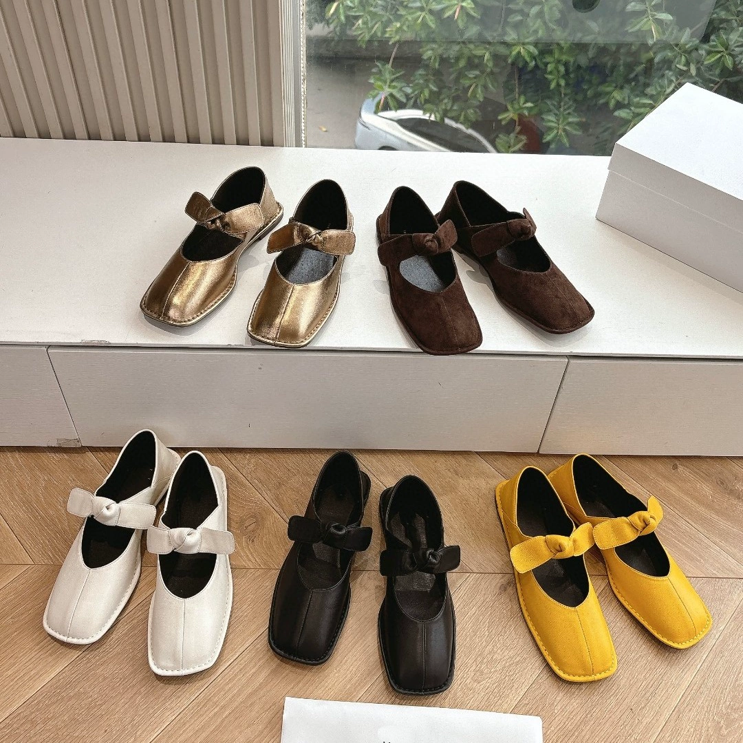 Женские туфли на плоской подошве с бантом, испанские нишевые танцевальные туфли из Дунгуаня, оригинальные туфли Мэри Джейн из натуральной кожи с квадратным носком.