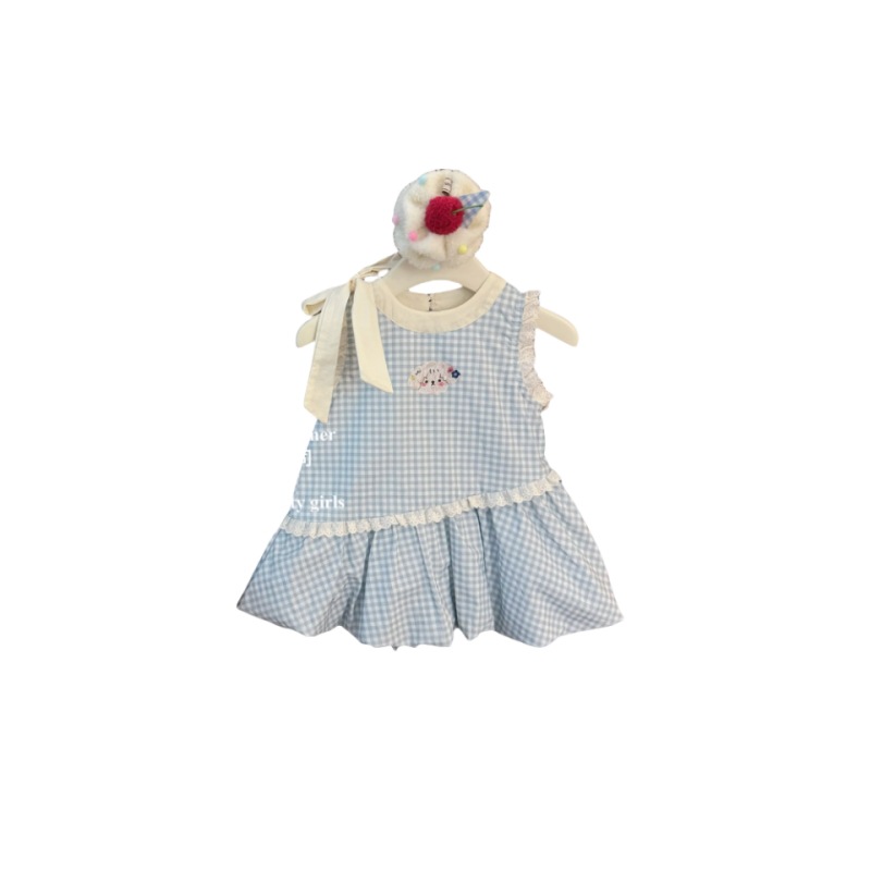 Vestido de siete niñas de limón salado verano versión coreana de dulce lazo azul a cuadros bebé lindo chaleco de capullo de flor falda de moda