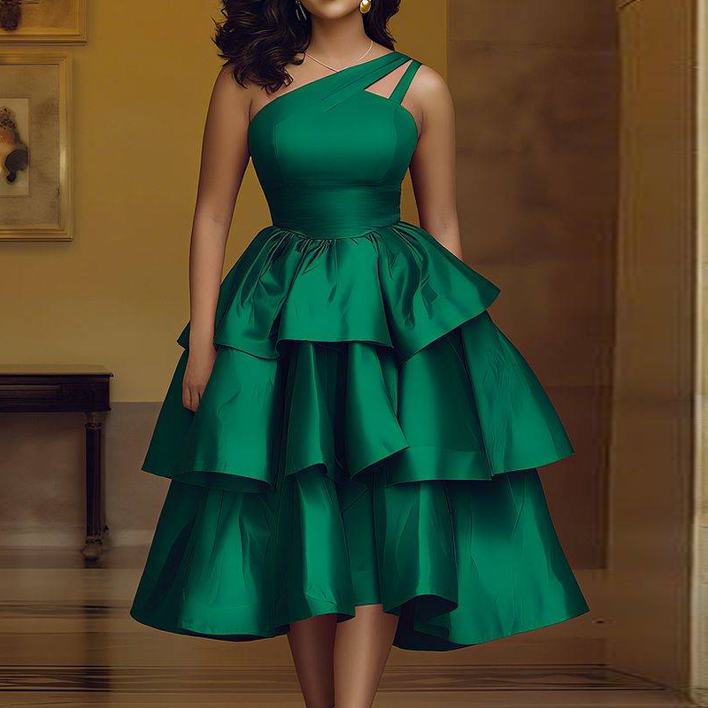 European and American One-Shoulder Cut Out Satin Dress with Ruffled Waist and Layered A-Hem Lace-Up Party Dinner Dress