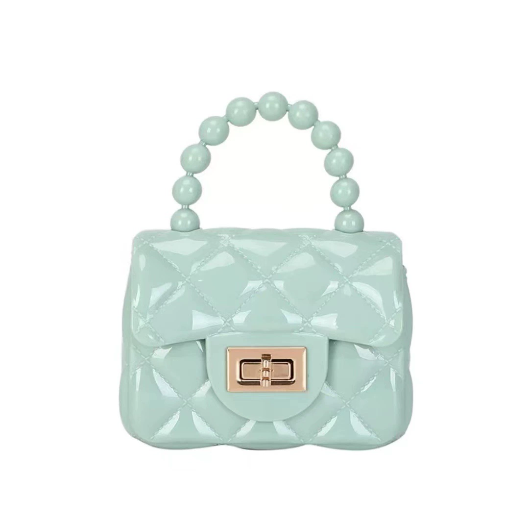 Small quilted handbag with bead handle and chain, compact 13×5×9 cm, multiple colors