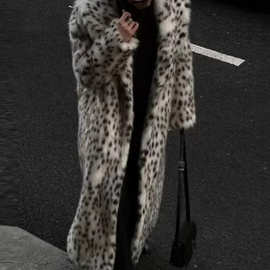 豹纹仿水貂绒加厚保暖外套女2024秋冬款欧美辣妹宽松翻领毛毛大衣