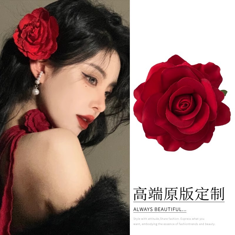 Red Hibiscus Flower-Shaped Hair Clip with Rose Design, Trendy Side Clip for Women