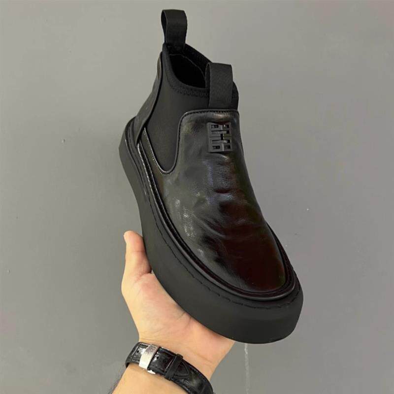 Giày bốt Martin nam cổ cao chống nước, da bò, đế cao su chống trượt, kiểu cổ điển — Giày bông màu đen, Giày một lớp màu đen chi tiết 6