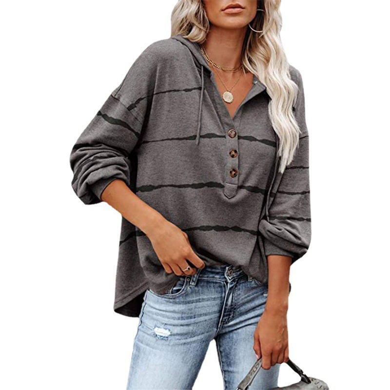 Women s Loose V-neck Long Sleeve Striped Buttoned Hoodie nihaostyles clothing wholesale NSLZ77512