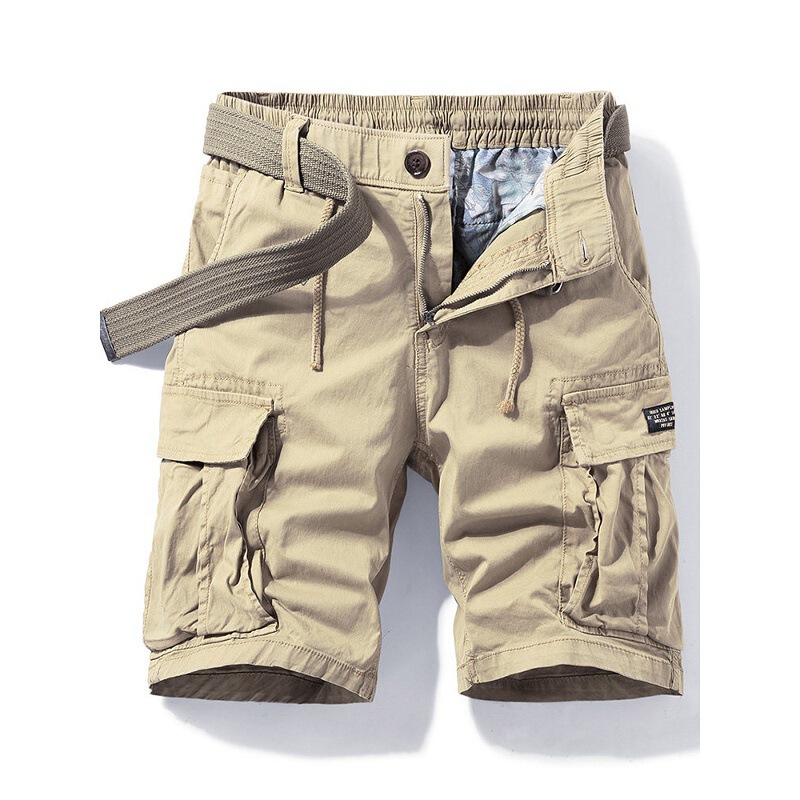 High-end pure cotton work shorts for men, summer loose fit, multi-pocket, elastic waist with drawstring belt, versatile casual knee-length shorts High-end pure cotton work shorts for men, summer loose fit, multi-pocket, elastic waist with drawstring belt, versatile casual knee-length shorts