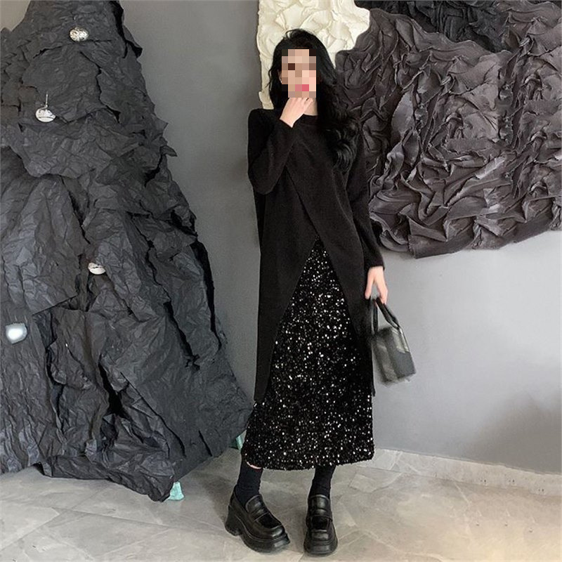 套装大码肚藏肉两件套遮亮片裙子春秋胖臀mm上衣半身裙裙女包炸街