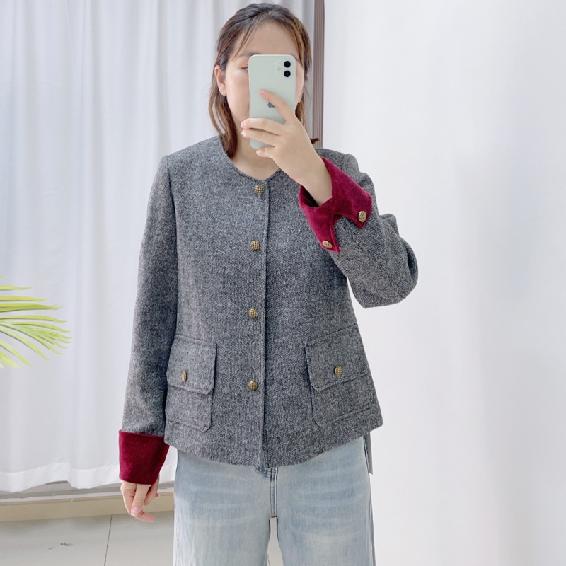 汉派品牌专柜2025早秋新款时尚百搭袖子拼接羊毛小香风短外套女12|undefined