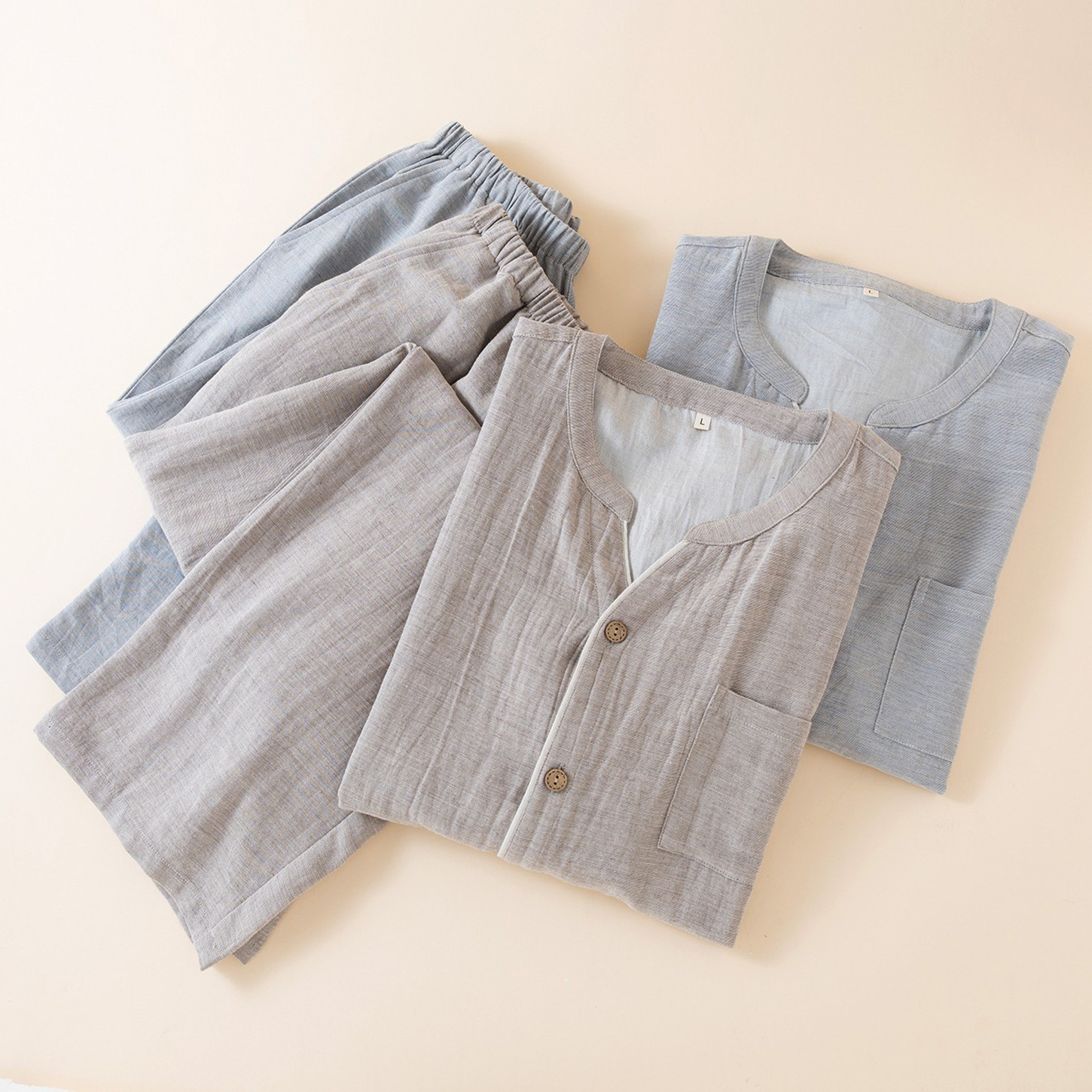 Japanese-Style Tencel Cotton and Linen Men's Pajamas Spring and Autumn Long-Sleeve Cardigan Loungewear Set Linen Muji Style Plus Size Simple