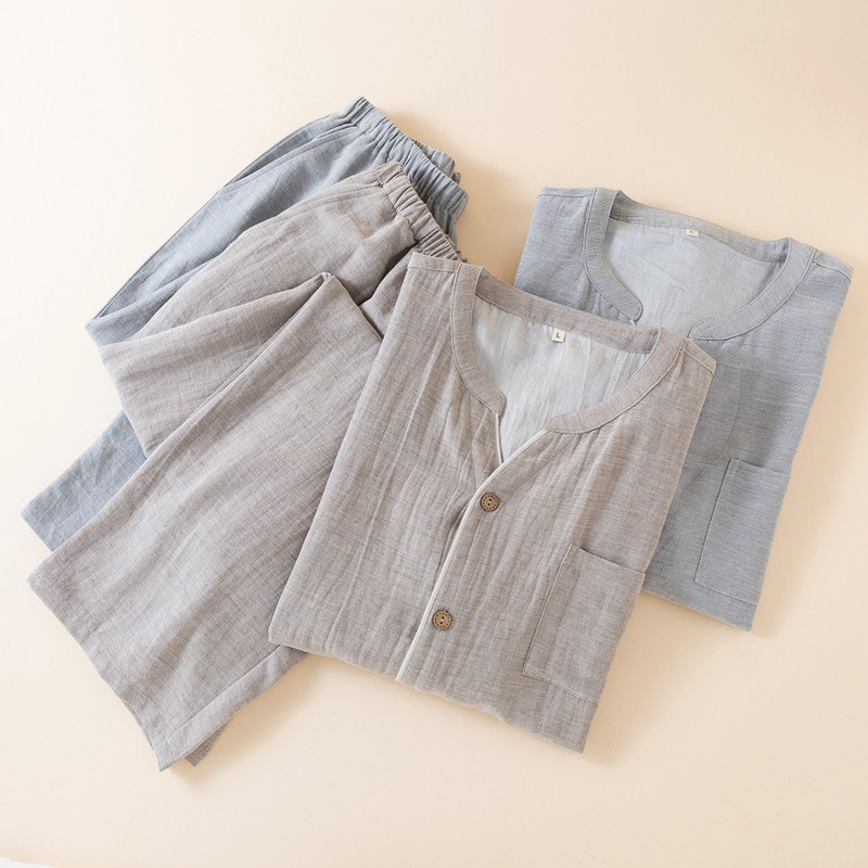 Japanese-Style Tencel Cotton and Linen Men's Pajamas Spring and Autumn Long-Sleeve Cardigan Loungewear Set Linen Muji Style Plus Size Simple