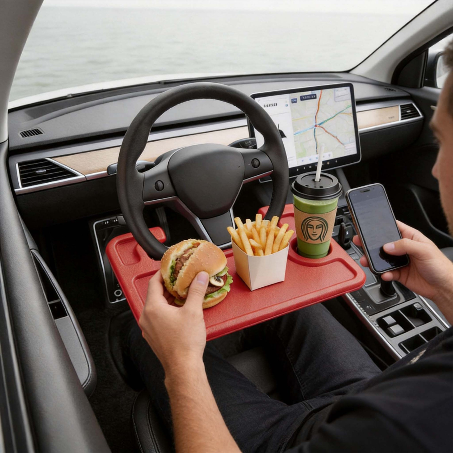 Car steering wheel dining table, multifunctional tray for truck drivers, portable steering wheel storage rack for eating in the car