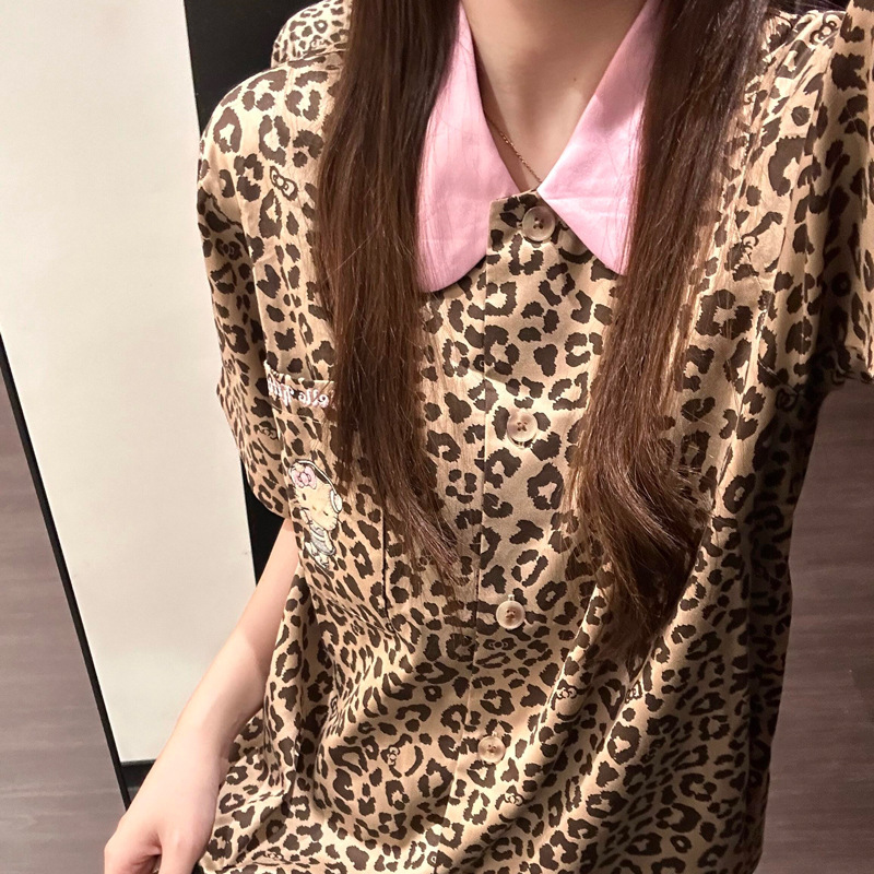キティブルーヒョウ柄テンセルコットンパジャマ女性用夏半袖ショーツガーリーウェアラブルホーム服セットブラウン|undefined