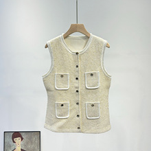 法式女装春夏新款时尚套装小香风无袖圆领珍珠针织开衫女+百褶裙