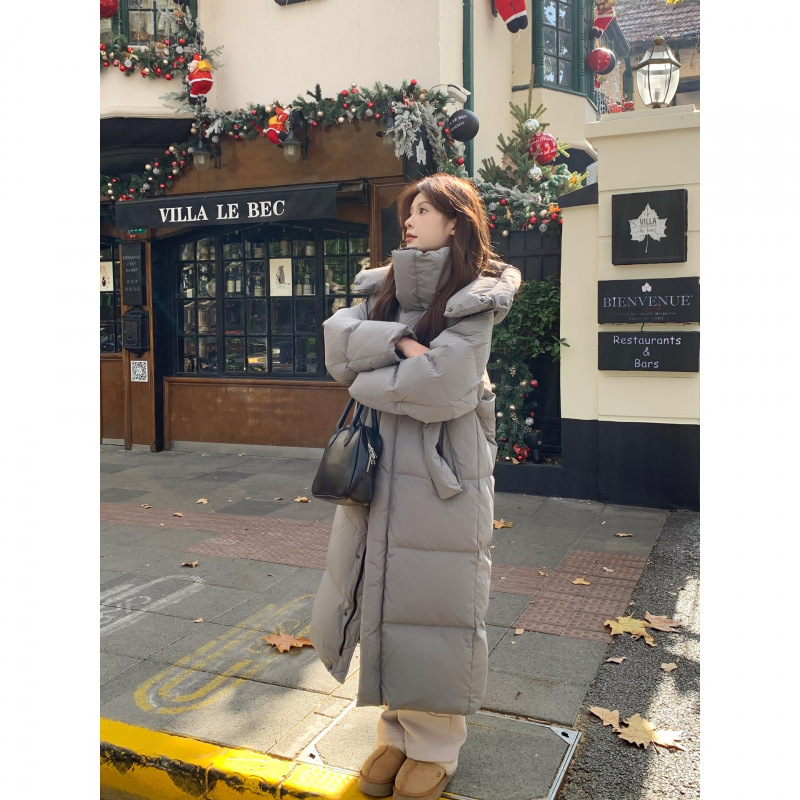 Gray down Jacket for Women, Extra Long, over the Knee, 2025 New Style, Ankle-Length, Large Quilted, Thickened White Duck down Winter Coat