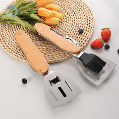 Stainless steel wood handle multi-function BBQ grill tongs, oil brush and shovel outdoor portable foldable barbecue tools