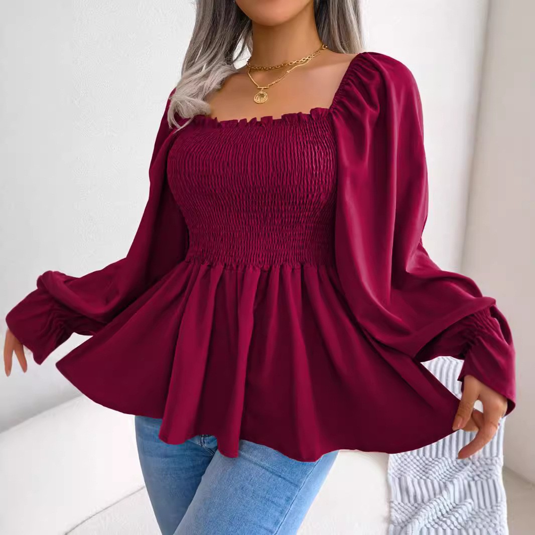 Otoño y invierno europeos y estadounidenses ropa de mujer de tamaño grande cuello cuadrado camiseta de chiffon de manga larga de estilo casual Halloween uso diario