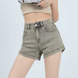 2025夏季主推石磨黄设计感后袋拉链高端面料薄款显瘦牛仔短裤