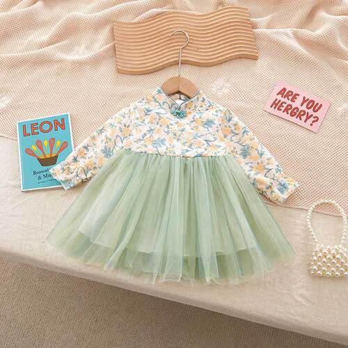 Spring and autumn girls retro dress, baby girls mesh cheongsam princess dress, long sleeves, autumn outing dress, children's dress