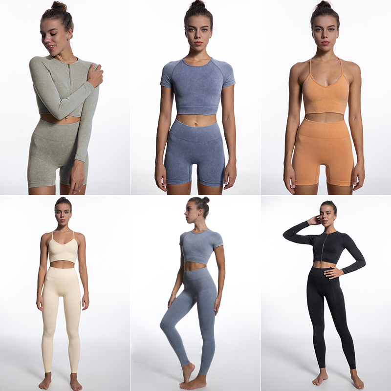 Spot Cross-border European And American New Sand-washed Seamless Body Yoga Clothes Women's Sling Bra Running Trousers Five-piece Suit