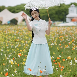 新中式国风小清新民国风绣花棉麻短袖淑女复古雪纺大摆裙套装