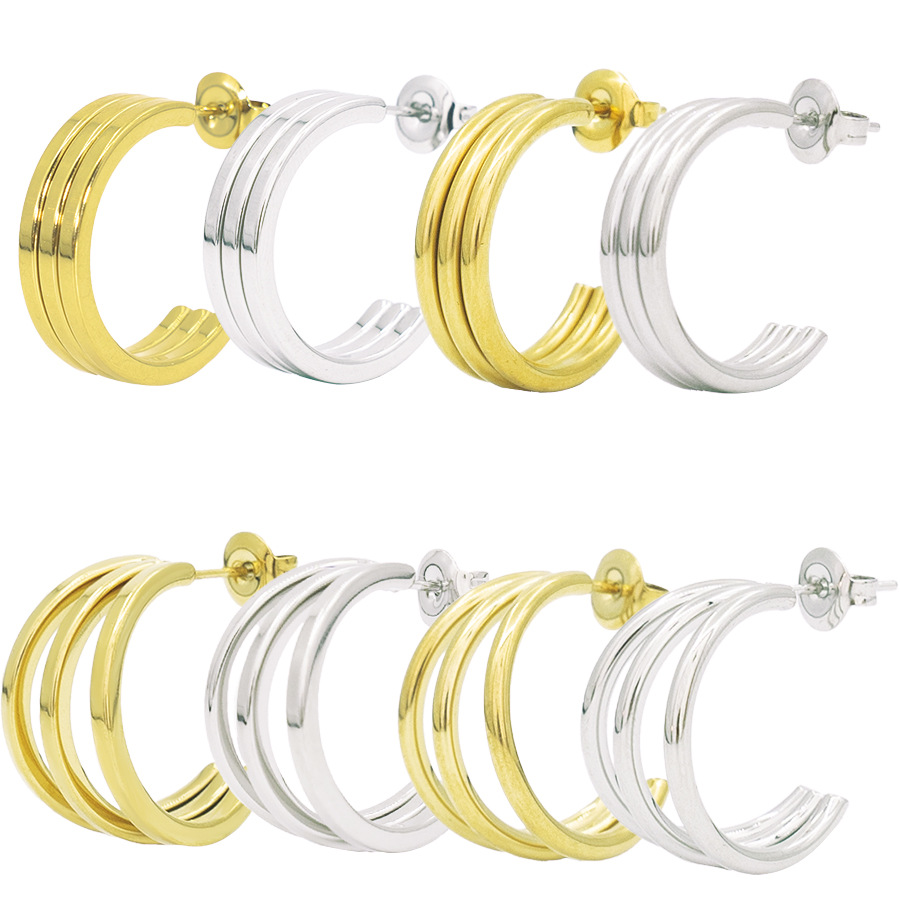 时尚简约不锈钢 C 形三层耳环耳针沪内18K镀金女士耳环厂家批发