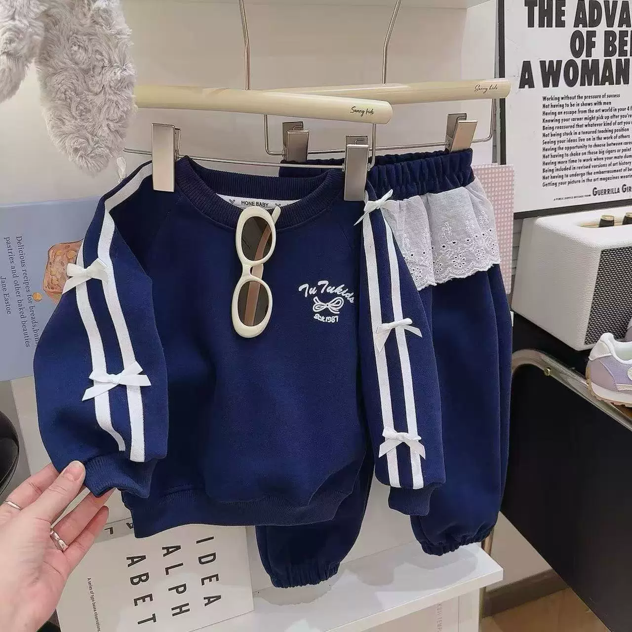 2025新款春装女童卫衣套装运动休闲两件套大童蕾丝花边卫裤郊游