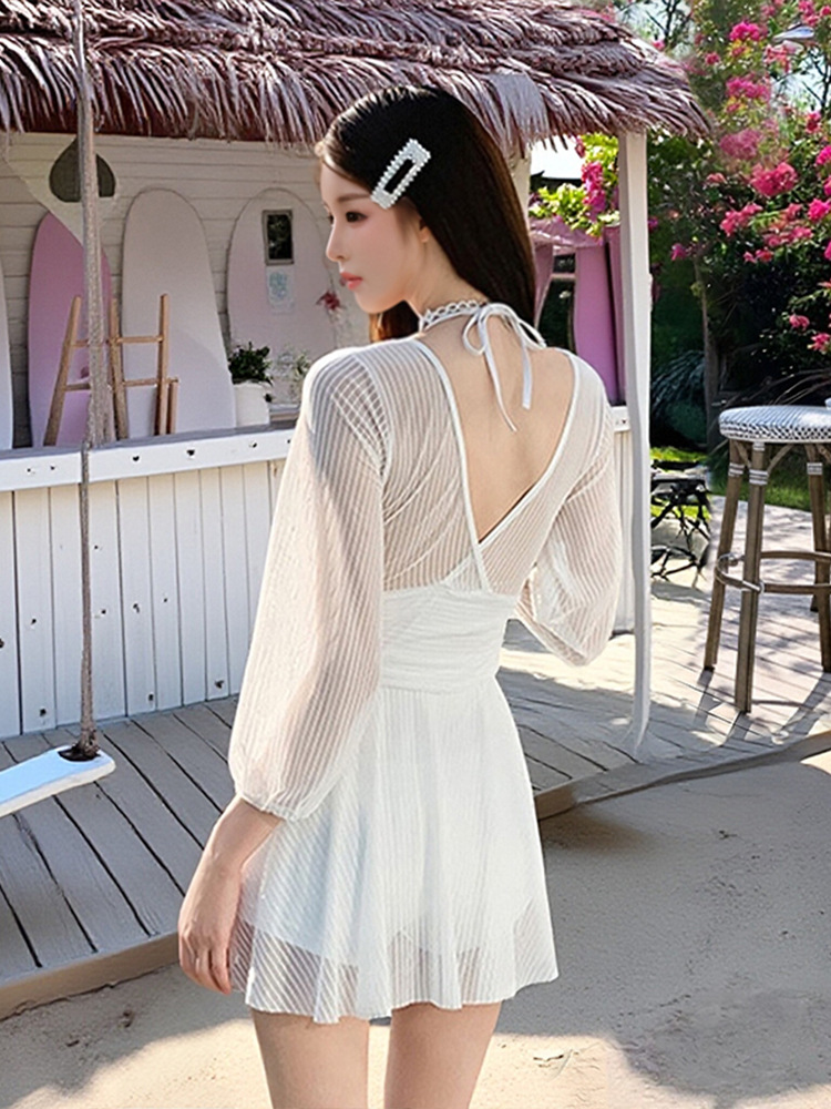 Traje de baño para mujer 2025 verano Internet celebridad nuevo estilo de falda de una sola pieza que cubre la carne y adelgaza con encaje de manga larga traje de baño de vacaciones push-up de pecho pequeño