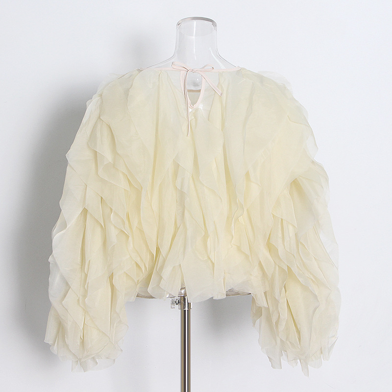 K Elegant Temperament Short Solid Color Top New High-end Round Neck Multi-layer Ruffle Edge Splicing Shirt_voghion.com