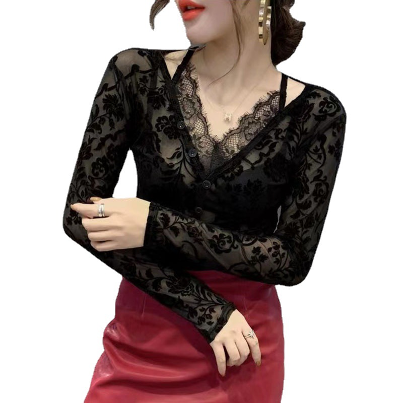 "Beflocktes V-Ausschnitt-Langarmshirt aus Mesh – Sonnenschutzbluse aus Hohlspitze für Damen"_voghion.com