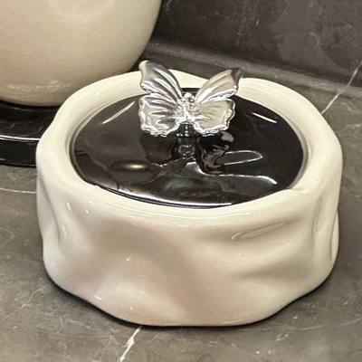 Car ashtray ash from flying, suitable for home - ceramic-butterfly-ashtraywith-lid-milk-white-base-black-lid
