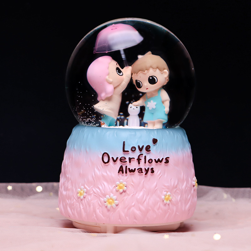 闻雨祈梦水晶球音乐盒创意树脂两小无猜八音盒送女朋友小孩子礼物