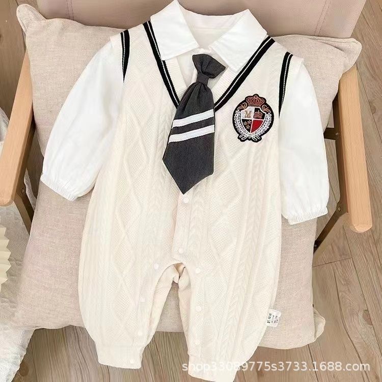 婴儿春秋款连体衣服男宝宝超萌满月百天哈衣学院风保暖外出爬爬服
