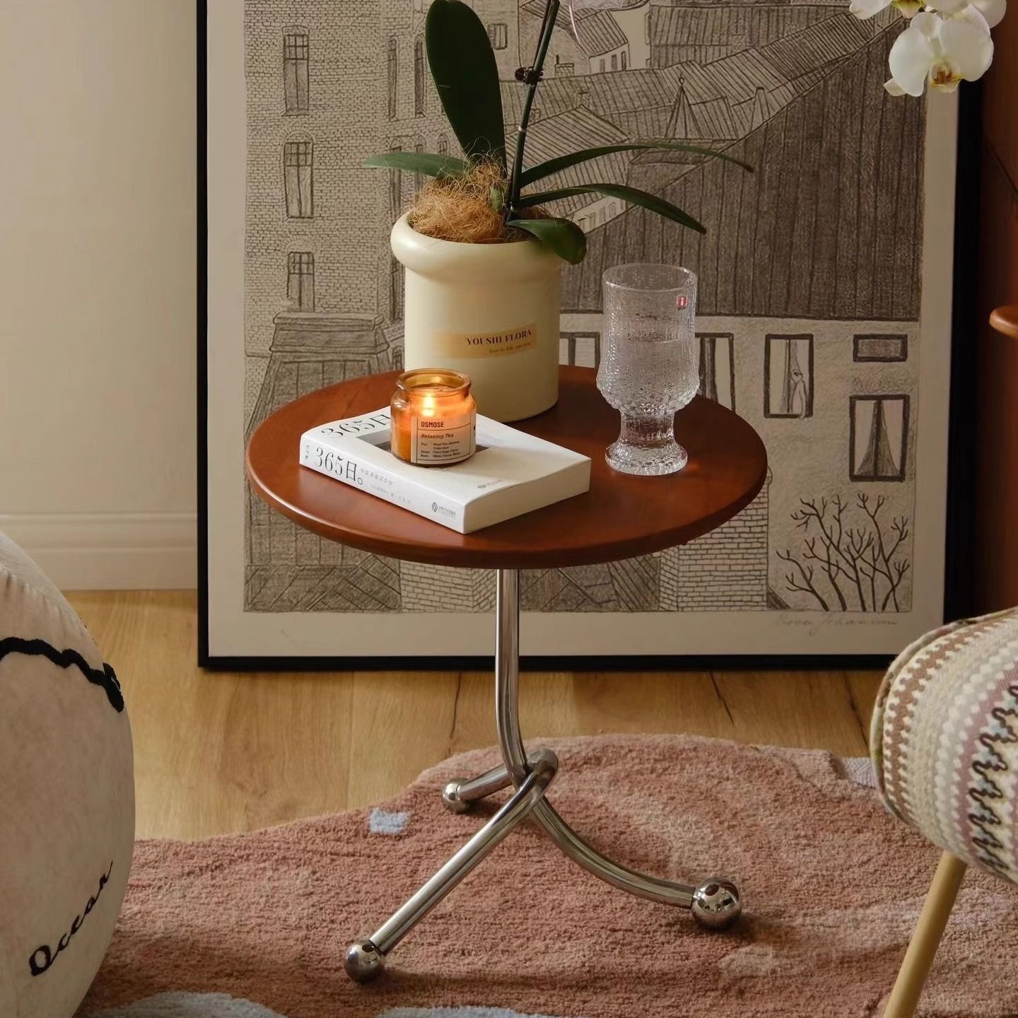 Mesa de té de acero inoxidable de lujo ligero italiano, sofá, esquina de vidrio de la sala de estar, mesa redonda minimalista moderna, simple y de alta calidad