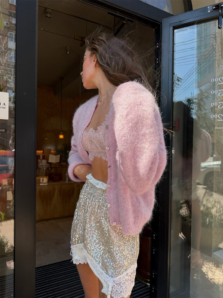 Áo khoác cardigan len nữ dáng rộng một hàng cúc, chất liệu dệt kim mềm mại, phong cách thanh lịch — Màu hồng nhạt (hàng có sẵn), Màu xanh lá cây (có hàng), Màu xanh ô liu (đốm), Màu xanh đậm (Còn hàng) chi tiết 28