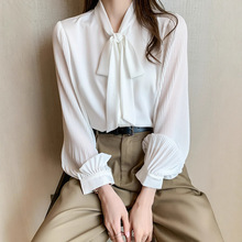 蝴蝶结职业装白色衬衫女2025春装新款飘带领长袖宽松洋气雪纺上衣